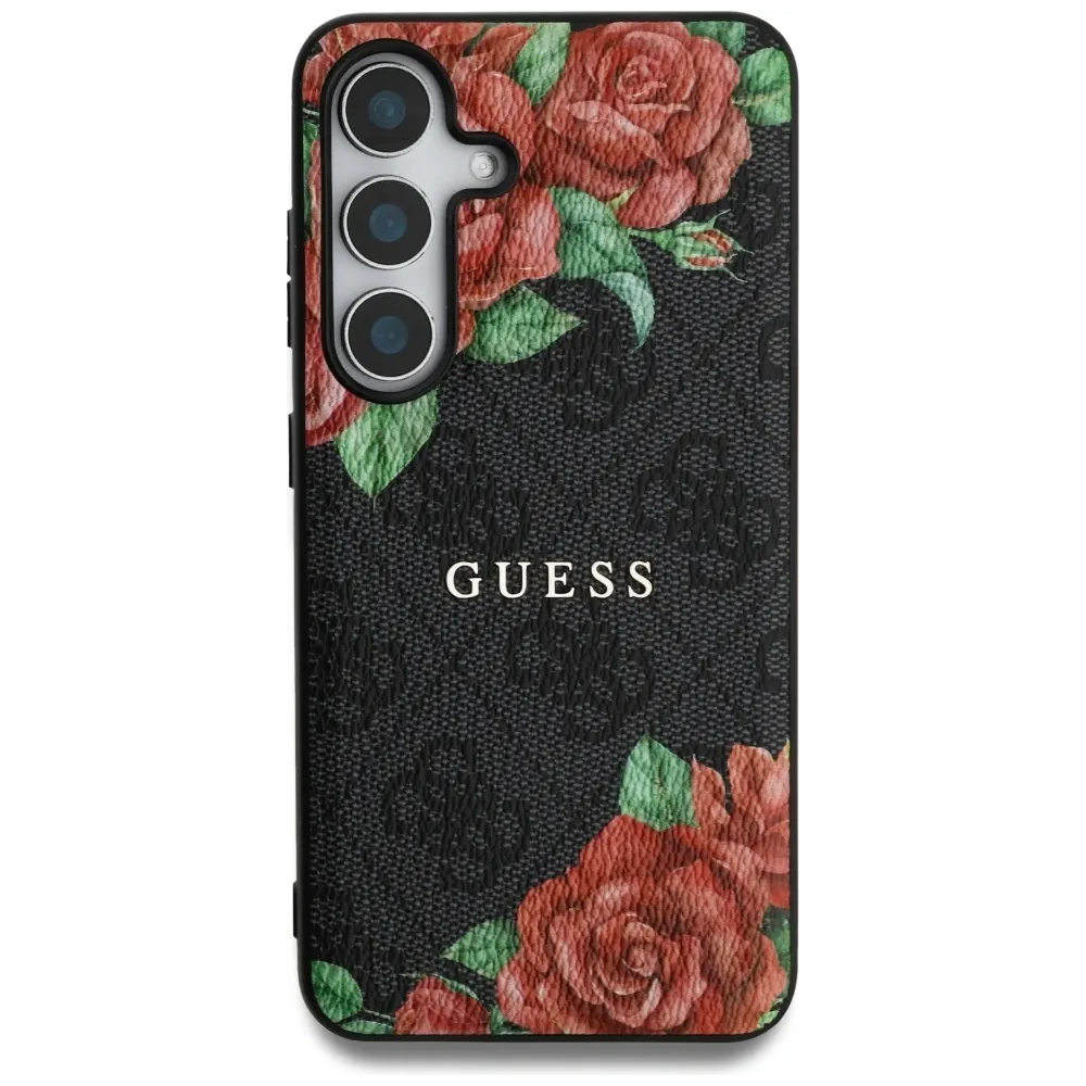 Etui Guess Leather 4G Flowers Print Metal Classic Logo MagSafe do Samsung Galaxy S25 czarny