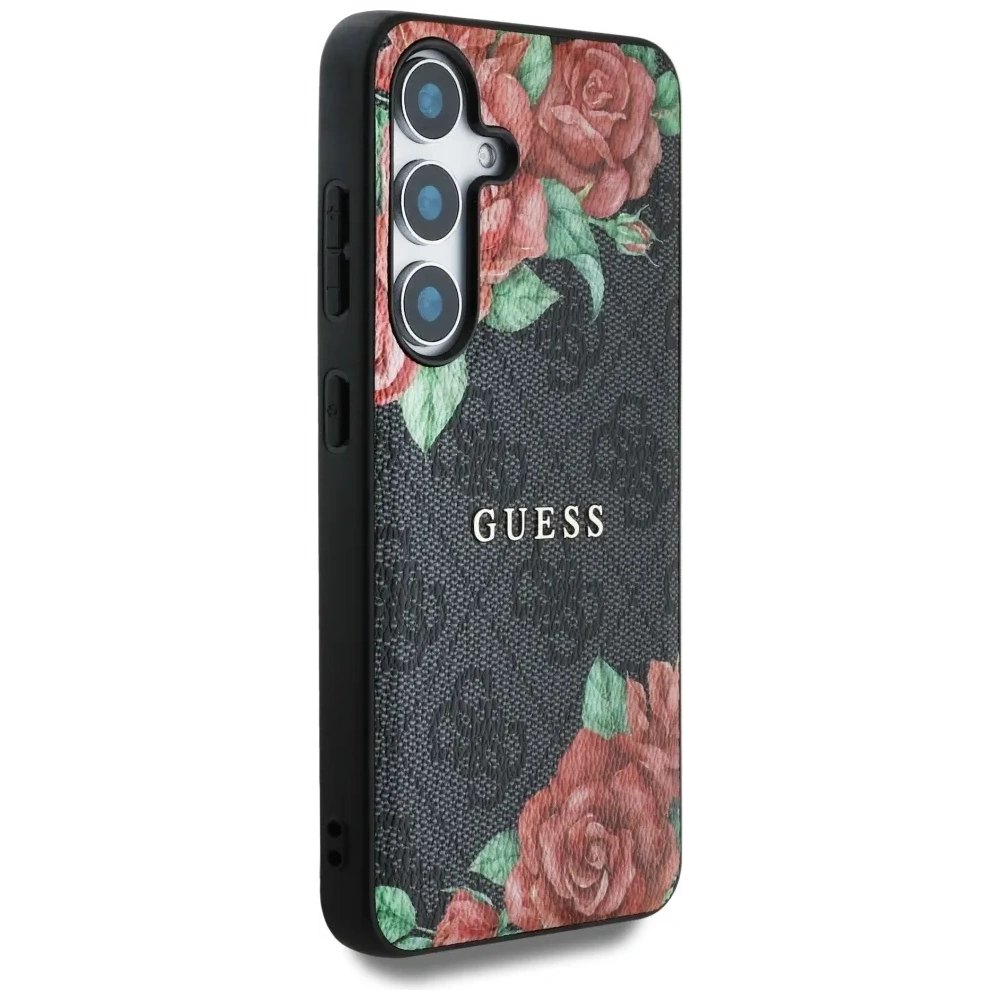 Etui Guess Leather 4G Flowers Print Metal Classic Logo MagSafe do Samsung Galaxy S25 czarny