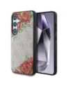 Etui Guess Leather 4G Flowers Print Metal Classic Logo MagSafe pro Samsung Galaxy S25 růžová