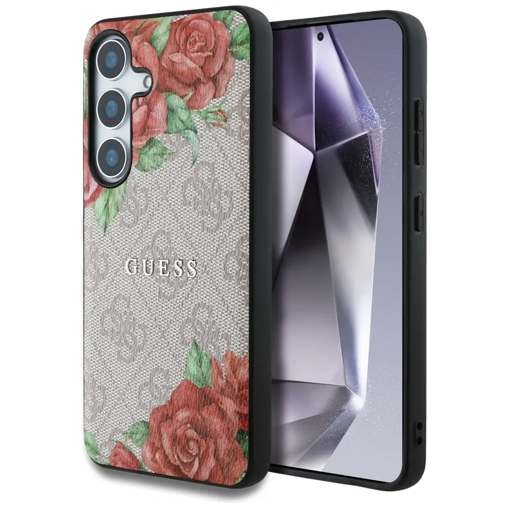 Etui Guess Leather 4G Flowers Print Metal Classic Logo MagSafe do Samsung Galaxy S25 różowy