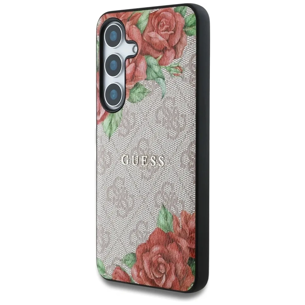 Etui Guess Leather 4G Flowers Print Metal Classic Logo MagSafe do Samsung Galaxy S25 różowy