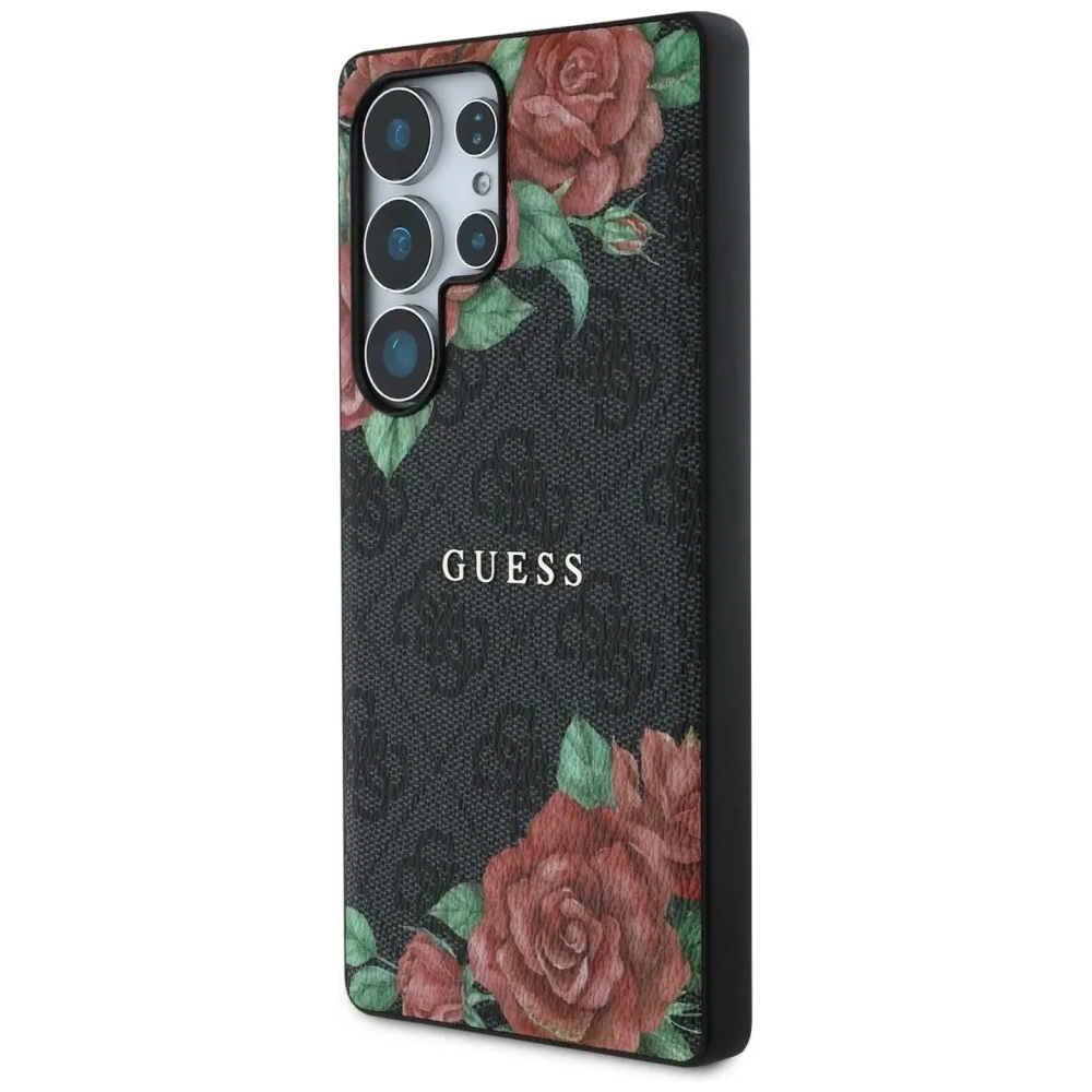 Etui Guess Leather 4G Flowers Print Metal Classic Logo MagSafe do Samsung Galaxy S25 Ultra czarny