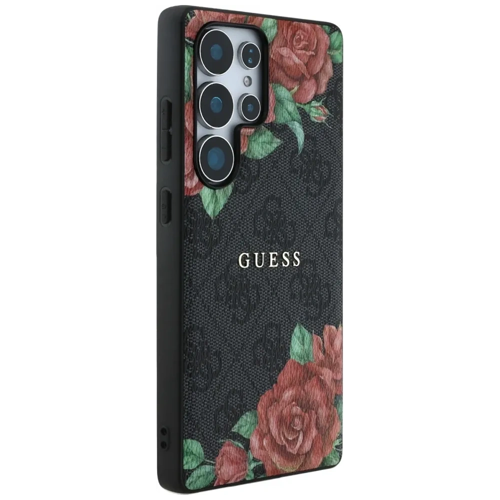 Etui Guess Leather 4G Flowers Print Metal Classic Logo MagSafe do Samsung Galaxy S25 Ultra czarny