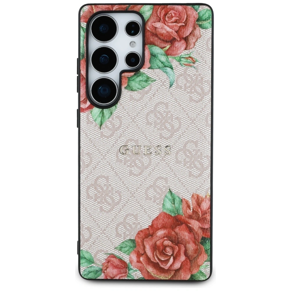 Etui Guess Leather 4G Flowers Print Metal Classic Logo MagSafe Samsung Galaxy S25 Ultra różowy