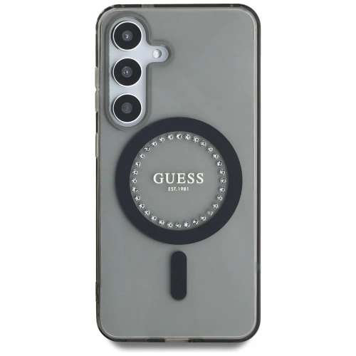 Kup Etui Guess s kamínky s tištěným klasickým logem MagSafe Samsung Galaxy S25 černé - 3666339449520 - {ean13} - Sklep Home Screen