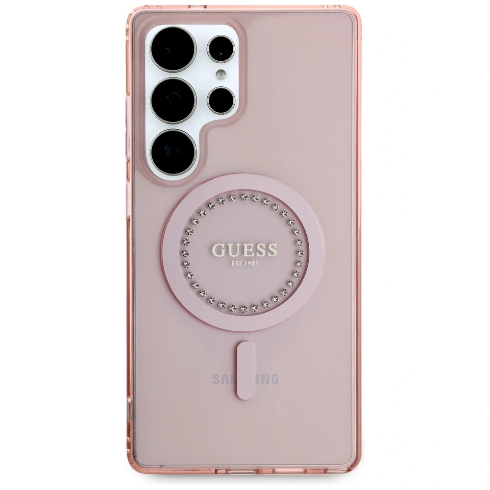 Etui Guess Rhinestones Printed Classic Logo MagSafe Samsung Galaxy S25 Ultra różowy