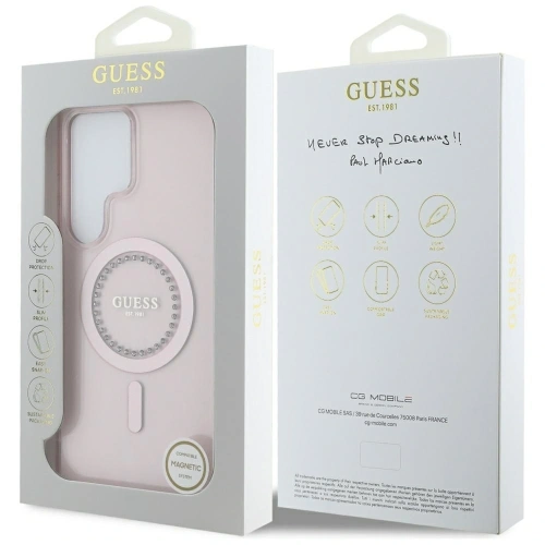 Kup Etui Guess s kamínky, potištěné klasickým logem MagSafe pro Samsung Galaxy S25 Ultra, růžové - 3666339449551 - {ean13} - Sklep Home Screen