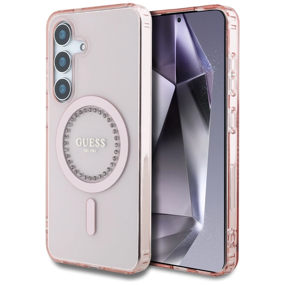Etui Guess Rhinestones Printed Classic Logo MagSafe Samsung Galaxy S25 różowy