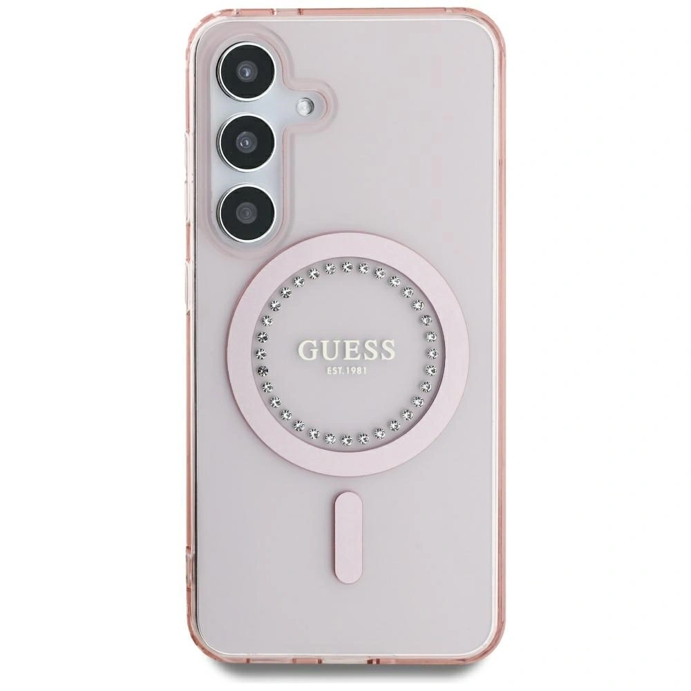Etui Guess Rhinestones Printed Classic Logo MagSafe Samsung Galaxy S25 różowy
