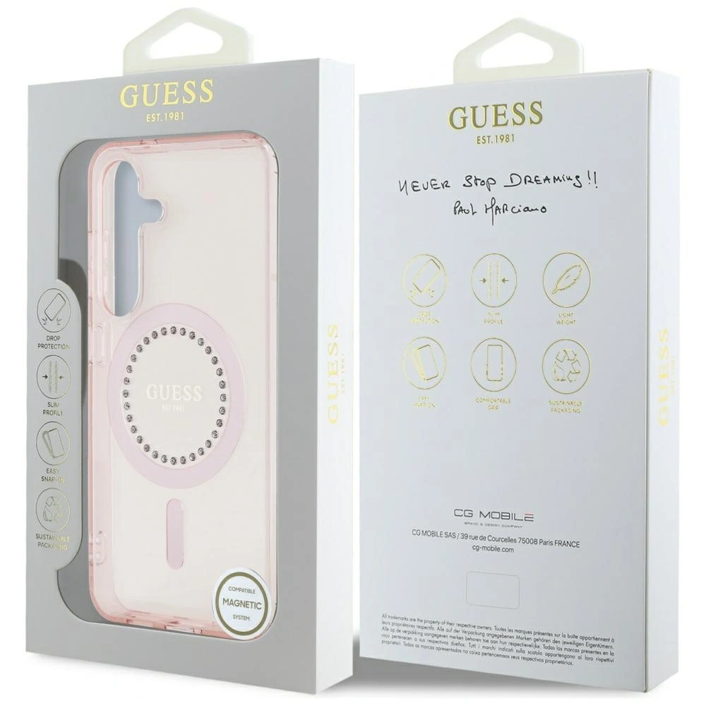 Etui Guess Rhinestones Printed Classic Logo MagSafe Samsung Galaxy S25 różowy