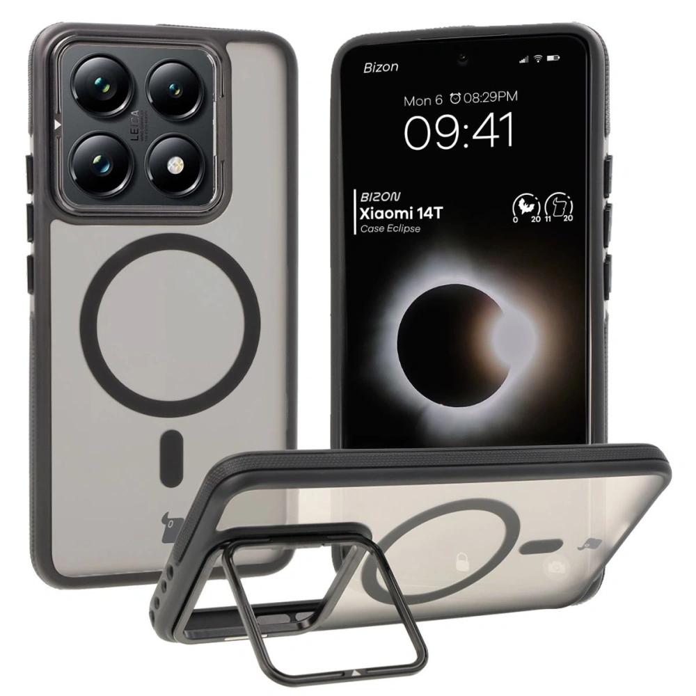 Etui z podstawką i pierścieniem magnetycznym Bizon Case Eclipse do Xiaomi 14T przydymione z czarną ramką