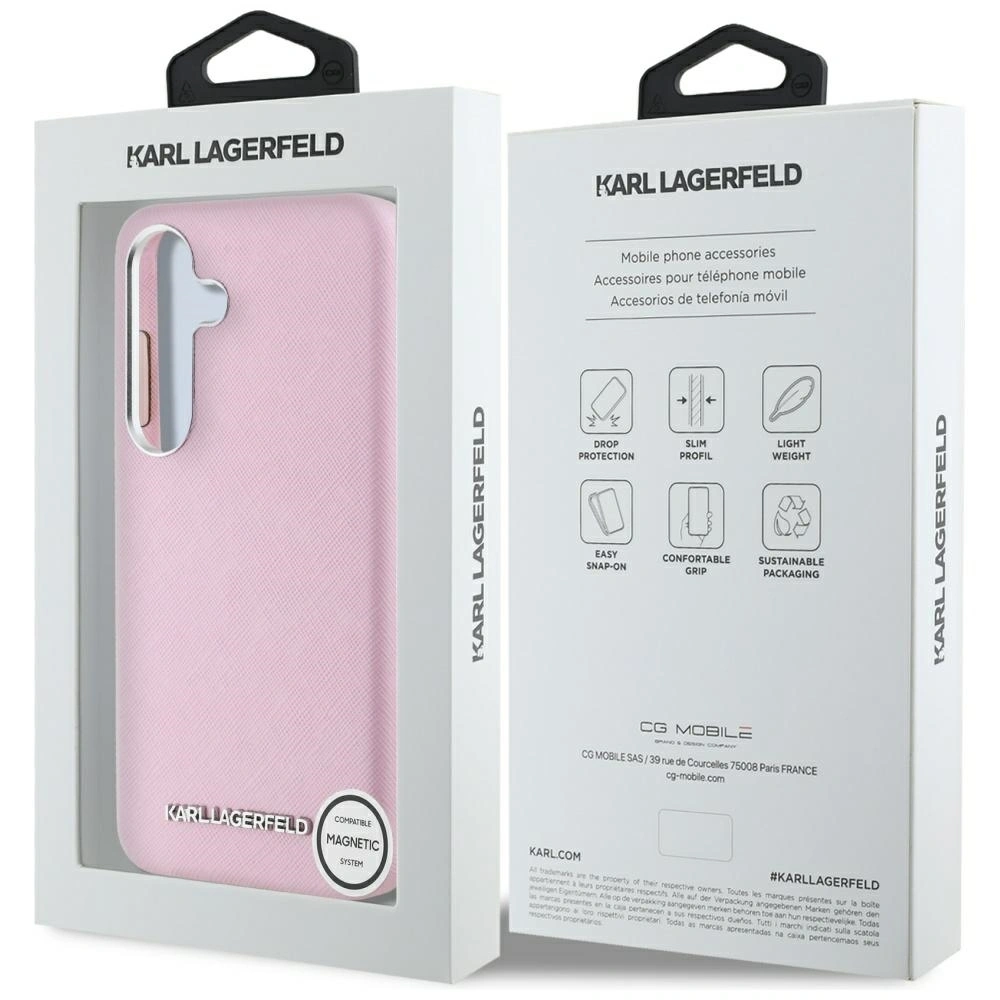 Etui Karl Lagerfeld Saffiano Full Wrapped Elongated Metal Logo MagSafe do Samsung Galaxy S25 różowy