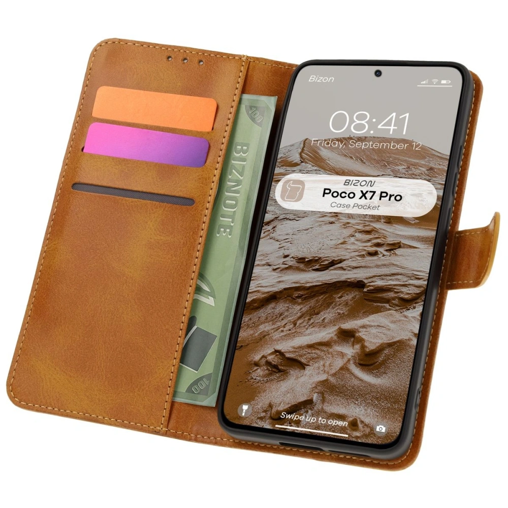 Etui z klapką Bizon Case Pocket do Xiaomi Poco X7 Pro brązowe