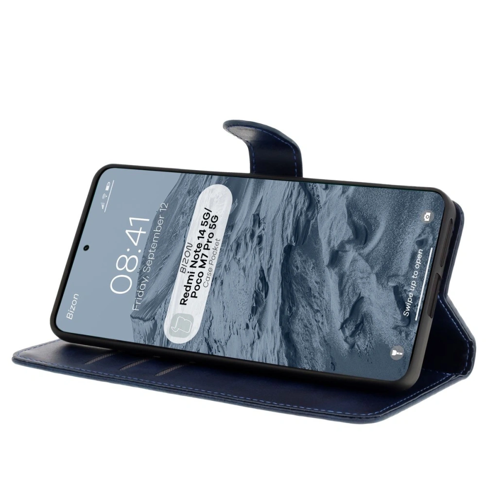 Etui z klapką Bizon Case Pocket do Xiaomi Redmi Note 14 5G / Poco M7 Pro 5G granatowe