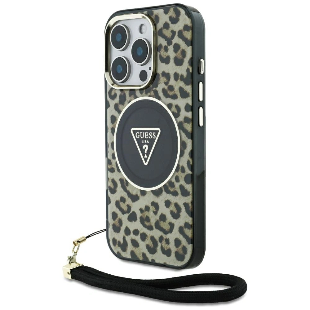 Etui Guess HC IML Leopard Triangle Cord Strap do Apple iPhone 16 Pro MagSafe brązowy