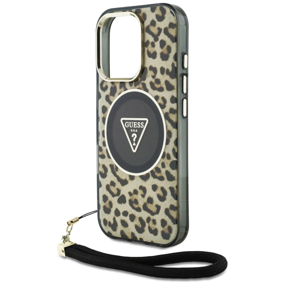 Etui Guess HC IML Leopard Triangle Cord Strap do Apple iPhone 16 Pro MagSafe brązowy