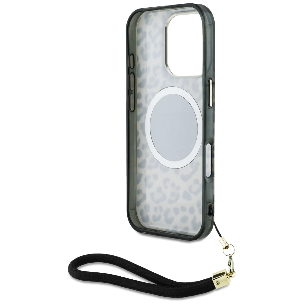 Etui Guess HC IML Leopard Triangle Cord Strap do Apple iPhone 16 Pro MagSafe brązowy