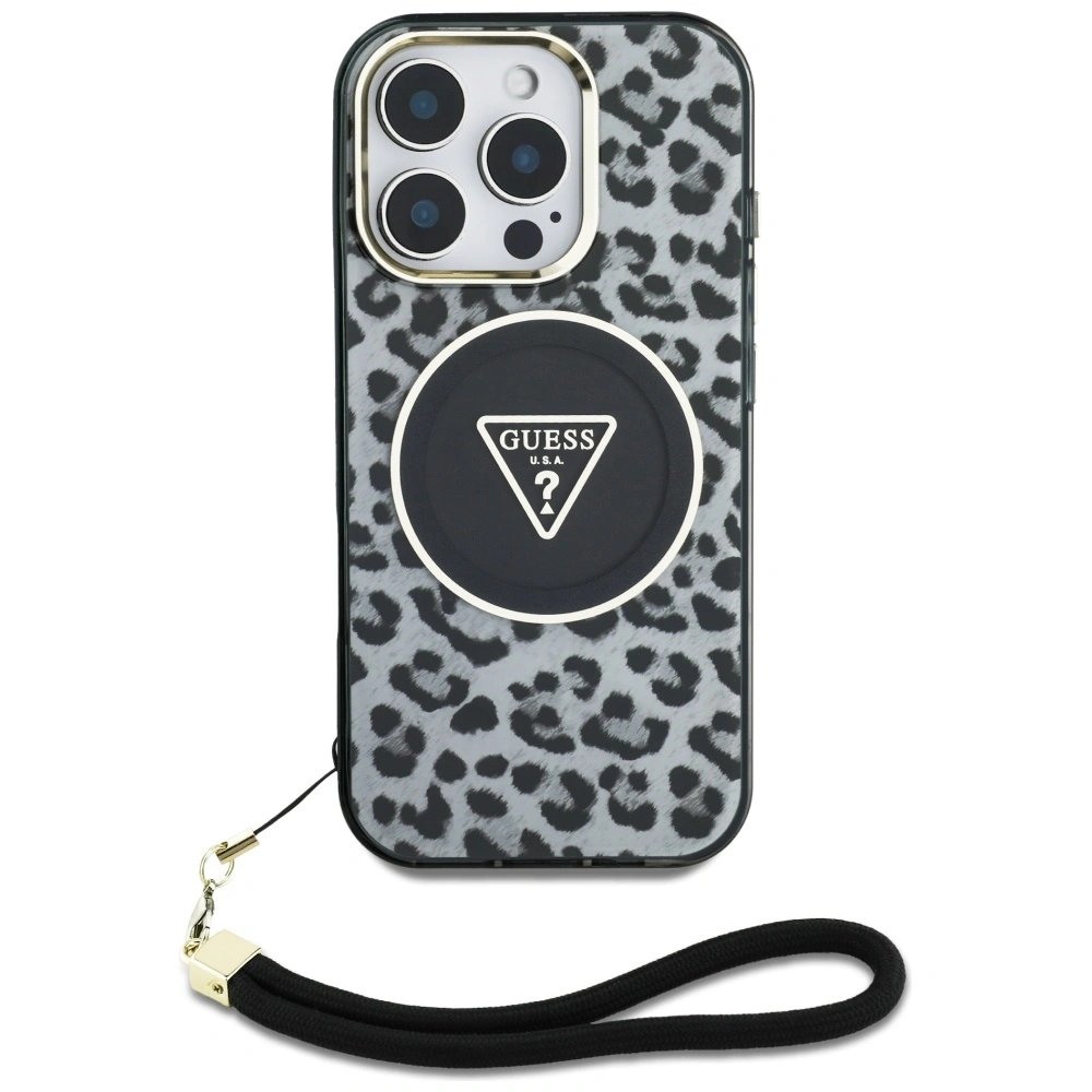 Etui Guess HC IML Leopard Triangle Cord Strap do Apple iPhone 16 Pro MagSafe czarny