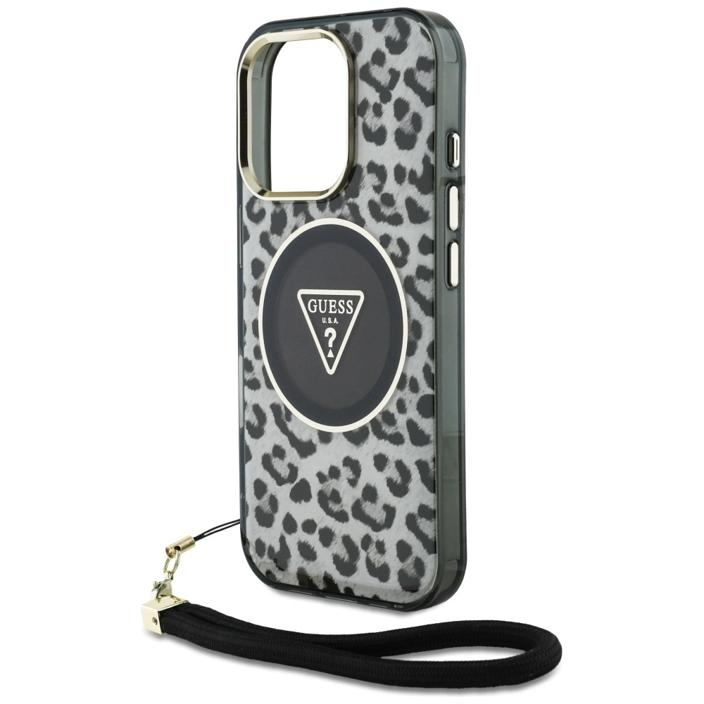 Etui Guess HC IML Leopard Triangle Cord Strap do Apple iPhone 16 Pro MagSafe czarny