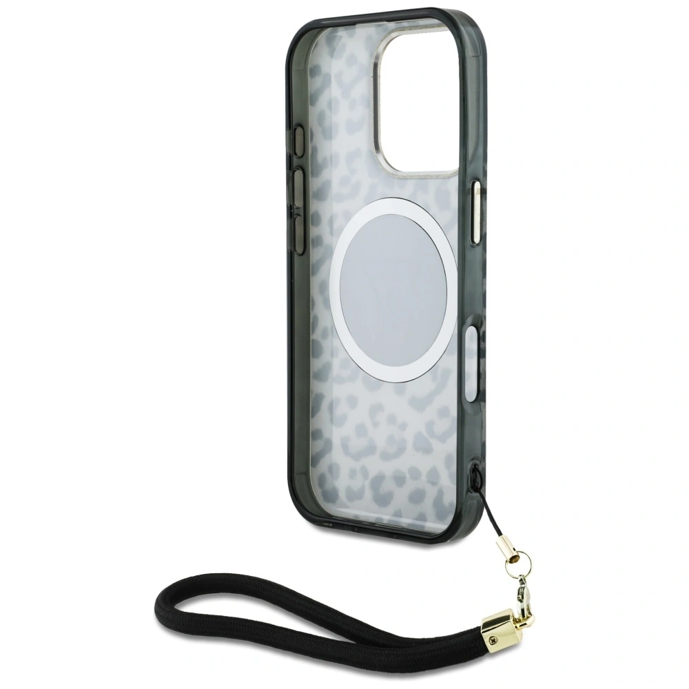 Etui Guess HC IML Leopard Triangle Cord Strap do Apple iPhone 16 Pro MagSafe czarny