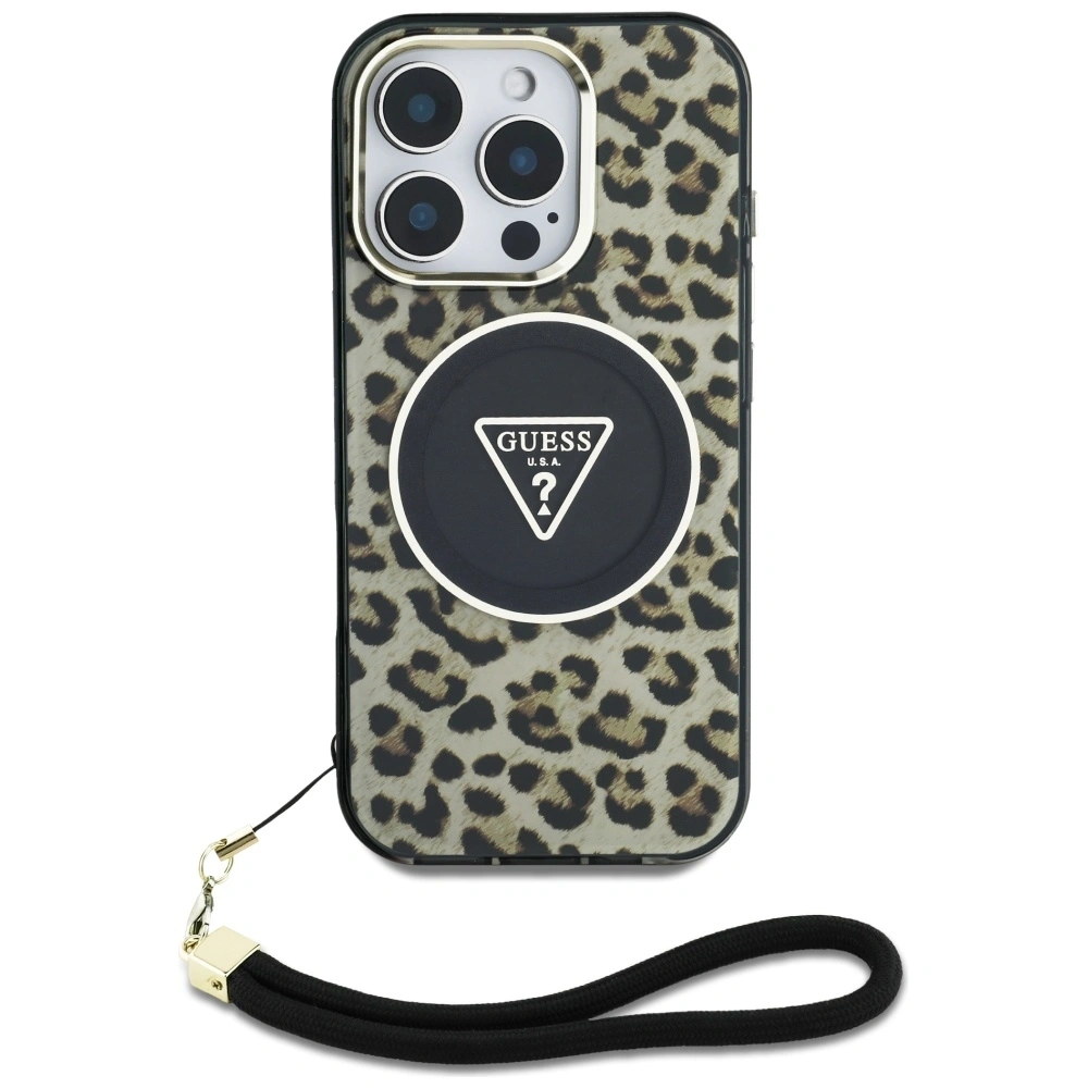 Etui Guess HC IML Leopard Triangle Cord Strap do Apple iPhone 16 Pro Max MagSafe brązowy