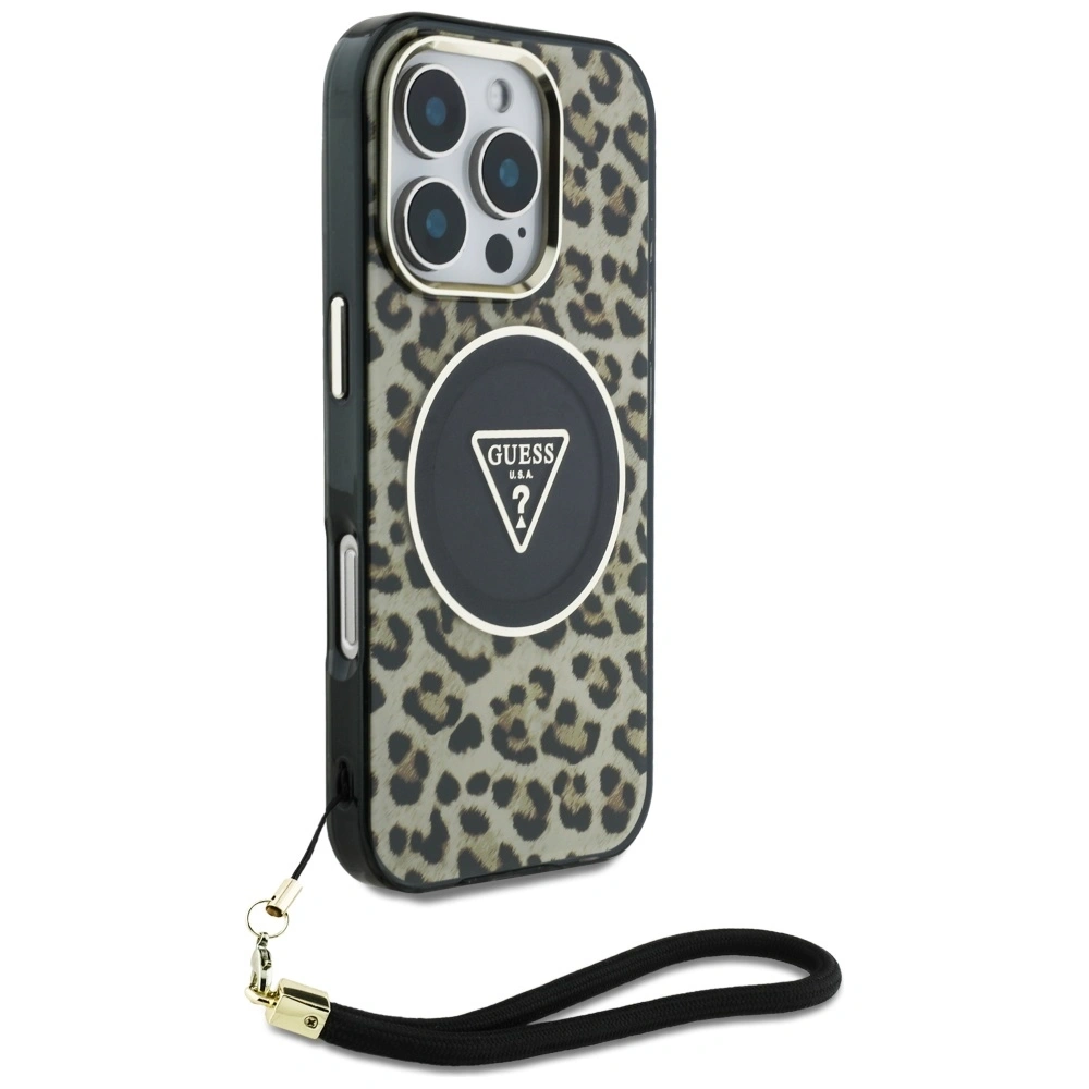 Etui Guess HC IML Leopard Triangle Cord Strap do Apple iPhone 16 Pro Max MagSafe brązowy