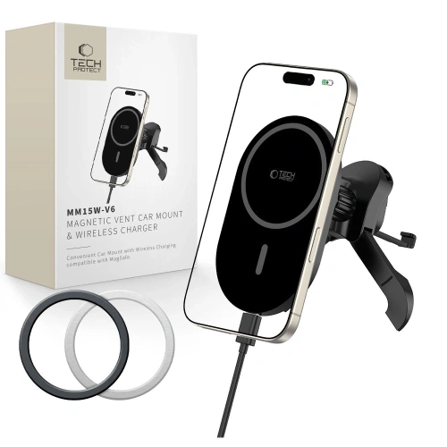 Kup Upevnění do auta na mřížku s nabíječkou 15W + 2x magnetické destičky Tech-Protect MM15W-V6 Magnetic MagSafe Stabilní ventilační držák do auta bezdrátová nabíječka 15W černá - THP3909 - {ean13} - Sklep Home Screen
