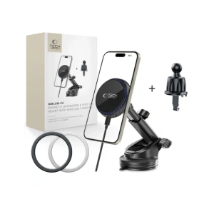 Kup Uchwyt samochodowy na kokpit / szybę / do kratki z ładowarką 15W + 2x blaszki magnetyczne Tech-Protect MM15W-V4 Magnetic MagSafe Dashboard & Vent Car Mount Wireless Charger 15W Black - THP3910 - {ean13} - Sklep Home Screen