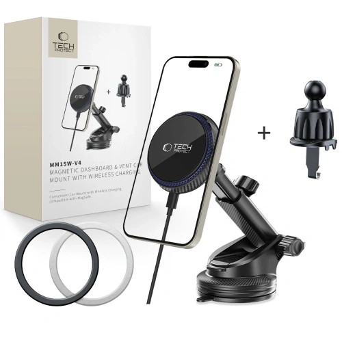 Kup Upevnění do auta na kokpit / sklo / do mřížky s nabíječkou 15W + 2x magnetické destičky Tech-Protect MM15W-V4 Magnetic MagSafe Upevnění do auta na palubní desku a ventilaci bezdrátová nabíječka 15W černá - THP3910 - {ean13} - Sklep Home Screen