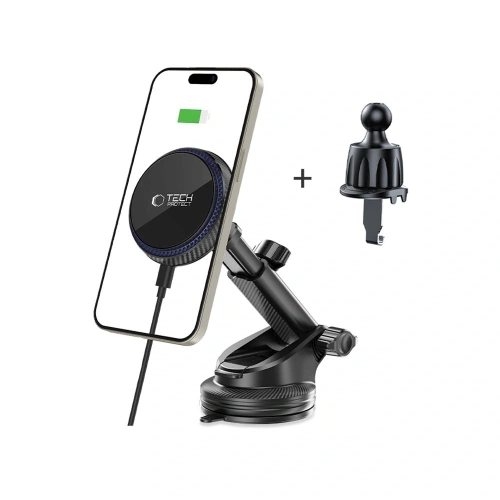 Kup Upevnění do auta na kokpit / sklo / do mřížky s nabíječkou 15W + 2x magnetické destičky Tech-Protect MM15W-V4 Magnetic MagSafe Upevnění do auta na palubní desku a ventilaci bezdrátová nabíječka 15W černá - THP3910 - {ean13} - Sklep Home Screen