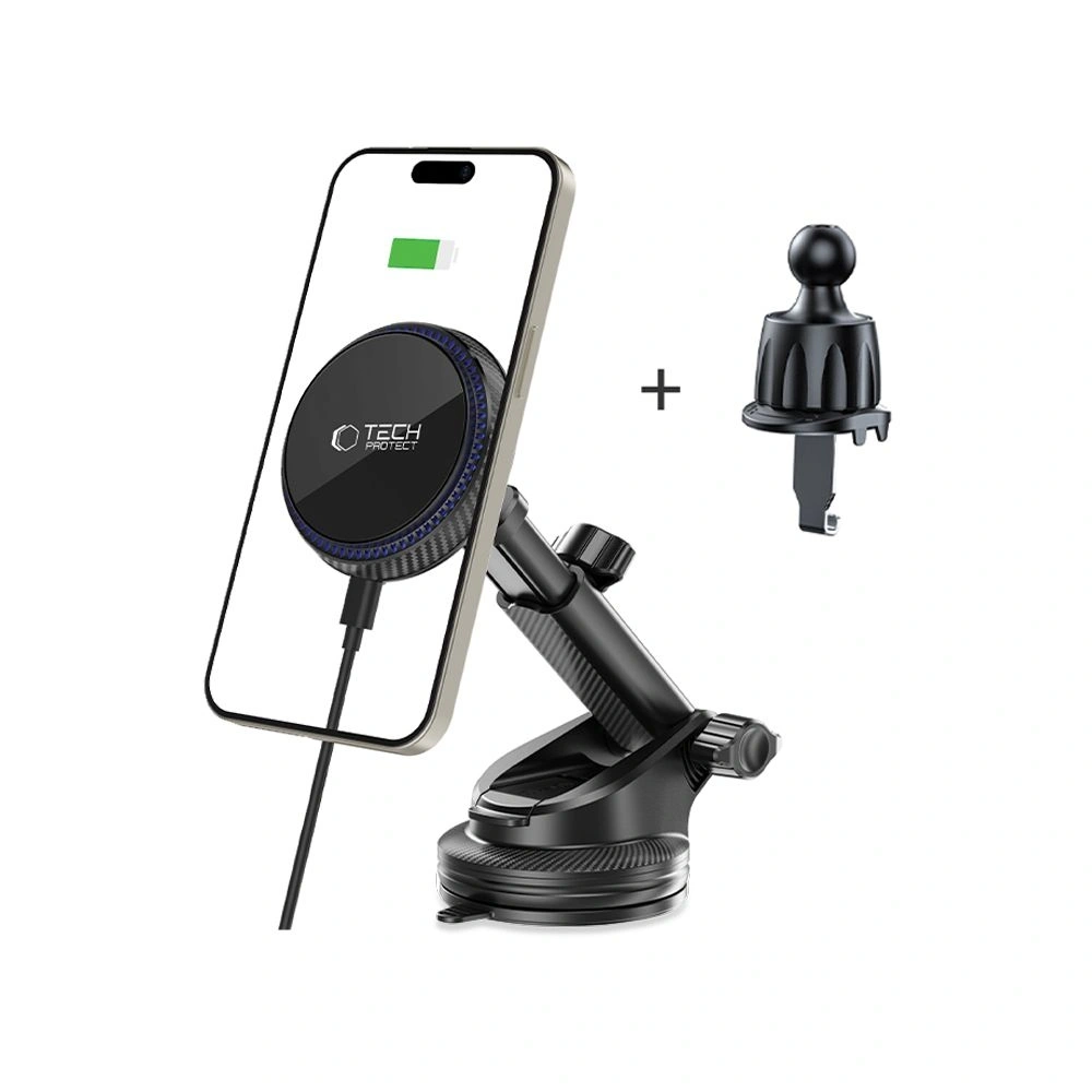 Uchwyt samochodowy na kokpit / szybę / do kratki z ładowarką 15W + 2x blaszki magnetyczne Tech-Protect MM15W-V4 Magnetic MagSafe Dashboard & Vent Car Mount Wireless Charger 15W Black