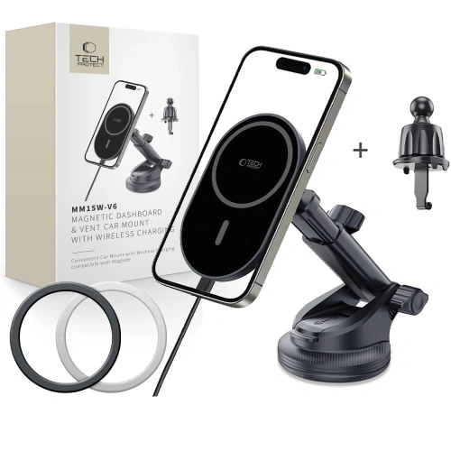 Kup Upevnění do auta na kokpit / sklo / do mřížky s nabíječkou 15W + 2x magnetické destičky Tech-Protect MM15W-V6 Magnetic MagSafe Upevnění do auta na palubní desku a ventilaci Bezdrátová nabíječka 15W Černá - THP3911 - {ean13} - Sklep Home Screen