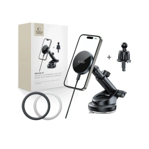 Kup Uchwyt samochodowy na kokpit / szybę / do kratki z ładowarką 15W + 2x blaszki magnetyczne Tech-Protect MM15W-V5 Magnetic MagSafe Dashboard & Vent Car Mount Wireless Charger 15W Black - THP3912 - {ean13} - Sklep Home Screen