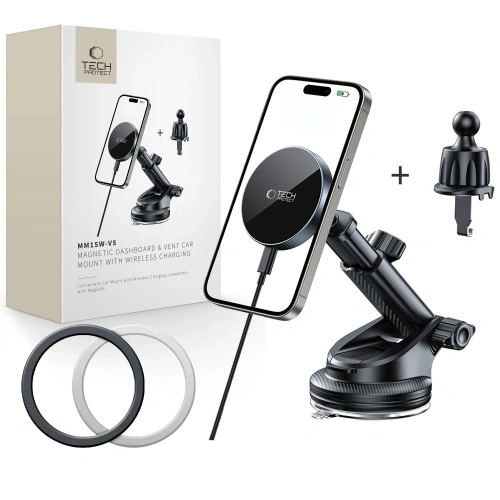 Kup Upevnění do auta na palubní desku / sklo / do mřížky s nabíječkou 15W + 2x magnetické destičky Tech-Protect MM15W-V5 Magnetic MagSafe Upevnění do auta na palubní desku a ventilaci Bezdrátová nabíječka 15W Černá - THP3912 - {ean13} - Sklep Home Screen