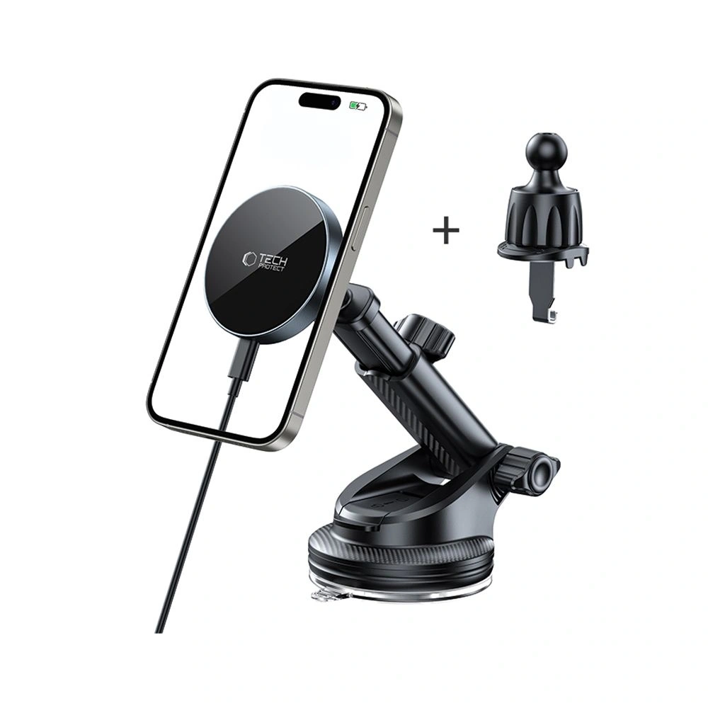 Uchwyt samochodowy na kokpit / szybę / do kratki z ładowarką 15W + 2x blaszki magnetyczne Tech-Protect MM15W-V5 Magnetic MagSafe Dashboard & Vent Car Mount Wireless Charger 15W Black
