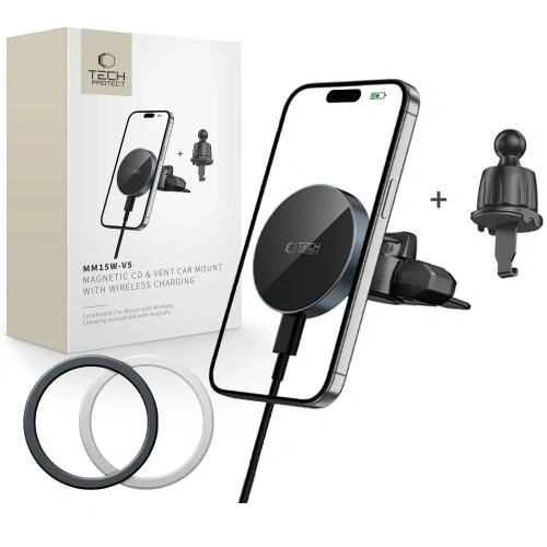 Kup Uchwyt automobilní pro mřížku / pro CD zásuvku s nabíječkou 15W + 2x magnetické destičky Tech-Protect MM15W-V5 Magnetic MagSafe CD & Vent Car Mount Wireless Charger 15W Černý - THP3913 - {ean13} - Sklep Home Screen