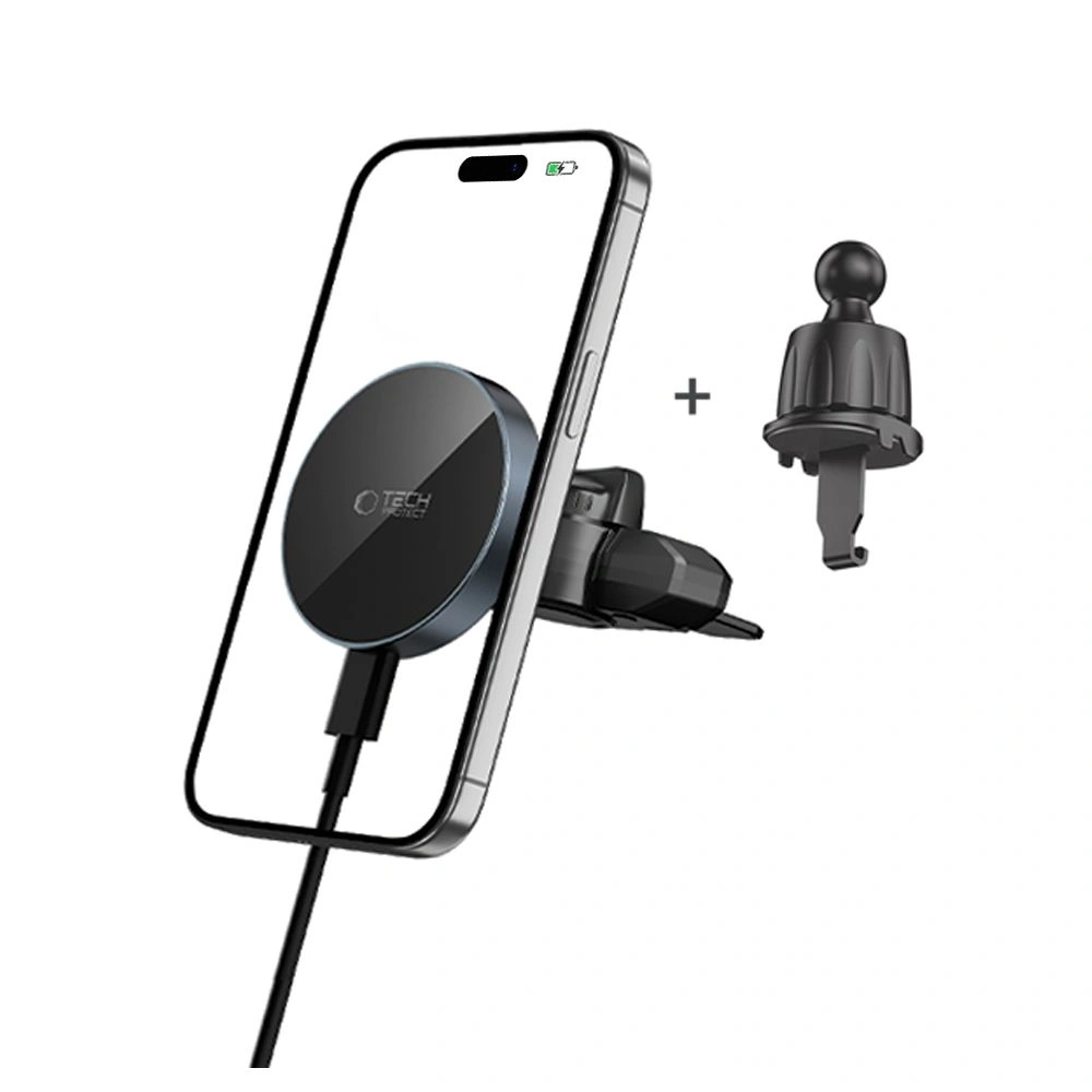 Uchwyt samochodowy do kratki / do gniazda CD z ładowarką 15W + 2x blaszki magnetyczne Tech-Protect MM15W-V5 Magnetic MagSafe CD & Vent Car Mount Wireless Charger 15W Black