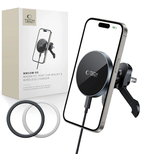 Kup Upevnění do auta na mřížku s nabíječkou 15W + 2x magnetické destičky Tech-Protect MM15W-V5 Magnetic MagSafe Stabilní ventilační držák do auta bezdrátová nabíječka 15W Černá - THP3914 - {ean13} - Sklep Home Screen