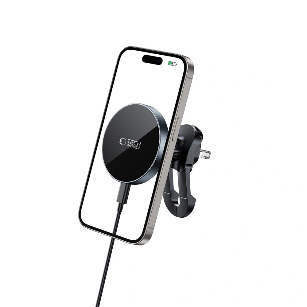 Uchwyt samochodowy do kratki z ładowarką 15W + 2x blaszki magnetyczne Tech-Protect MM15W-V5 Magnetic MagSafe Stable Vent Car Mount Wireless Charger 15W Black