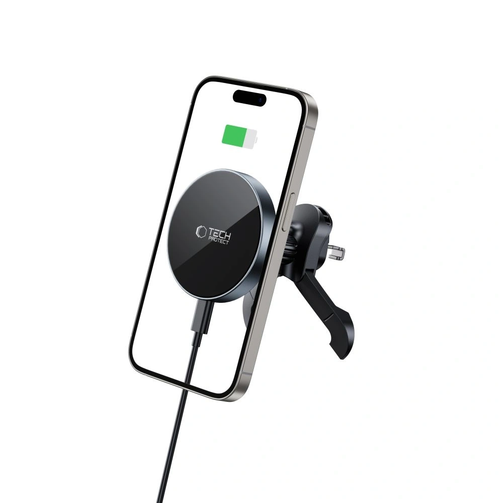 Uchwyt samochodowy do kratki z ładowarką 15W + 2x blaszki magnetyczne Tech-Protect MM15W-V5 Magnetic MagSafe Stable Vent Car Mount Wireless Charger 15W Black