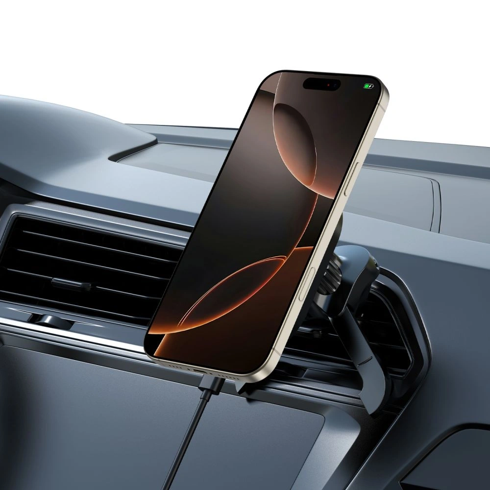 Uchwyt samochodowy do kratki z ładowarką 15W + 2x blaszki magnetyczne Tech-Protect MM15W-V5 Magnetic MagSafe Stable Vent Car Mount Wireless Charger 15W Black