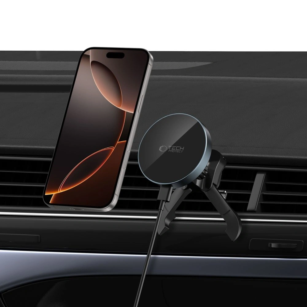 Uchwyt samochodowy do kratki z ładowarką 15W + 2x blaszki magnetyczne Tech-Protect MM15W-V5 Magnetic MagSafe Stable Vent Car Mount Wireless Charger 15W Black