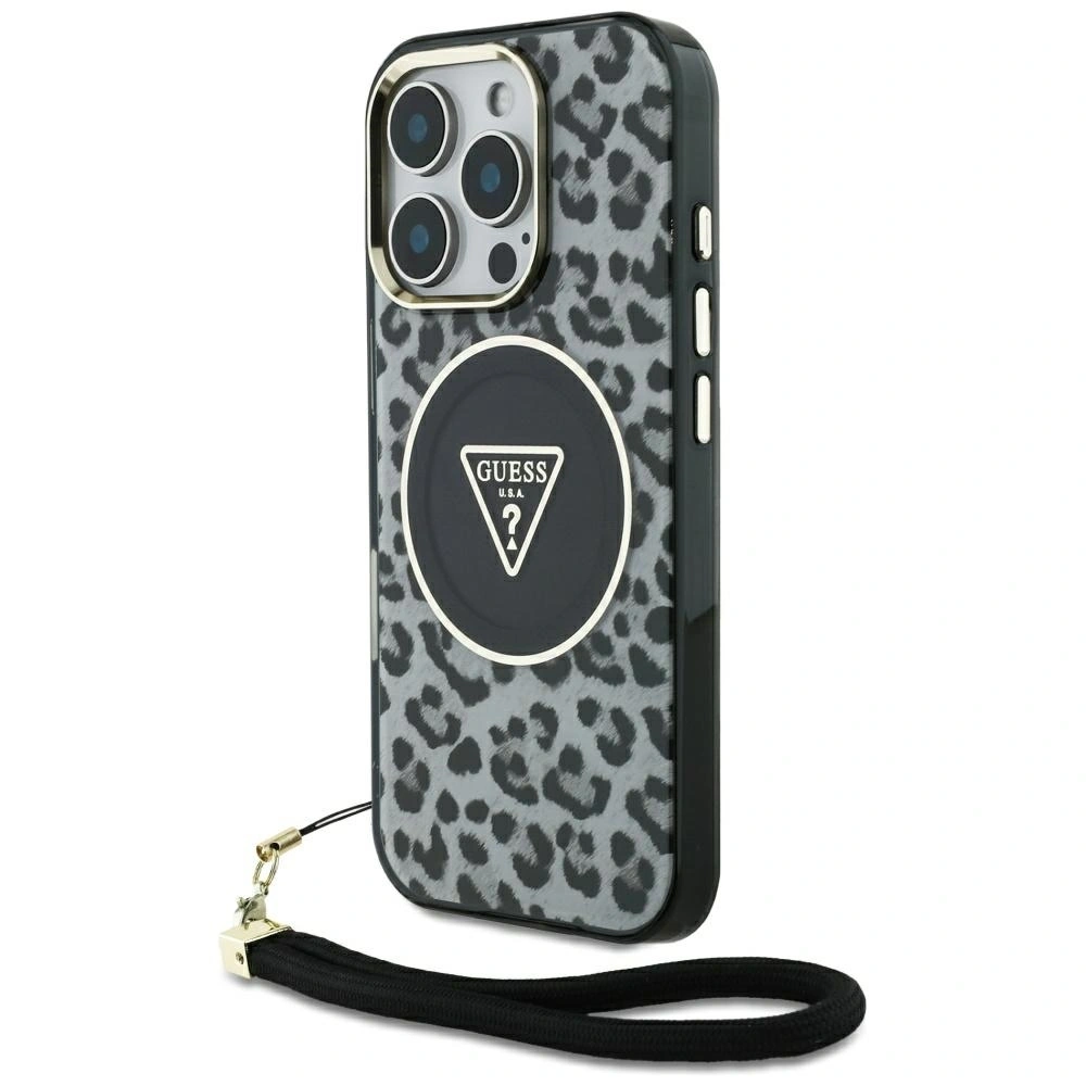 Etui Guess HC IML Leopard Triangle Cord Strap do Apple iPhone 16 Pro Max MagSafe czarny
