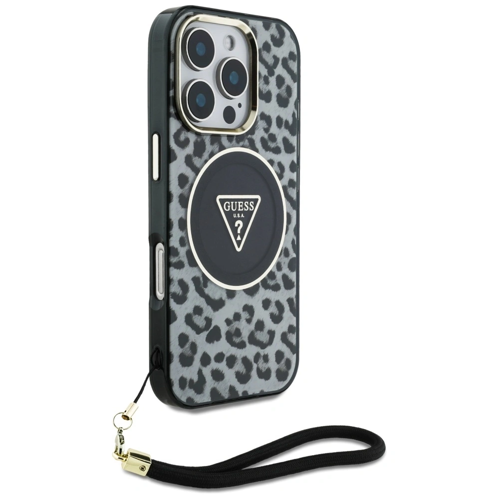 Etui Guess HC IML Leopard Triangle Cord Strap do Apple iPhone 16 Pro Max MagSafe czarny
