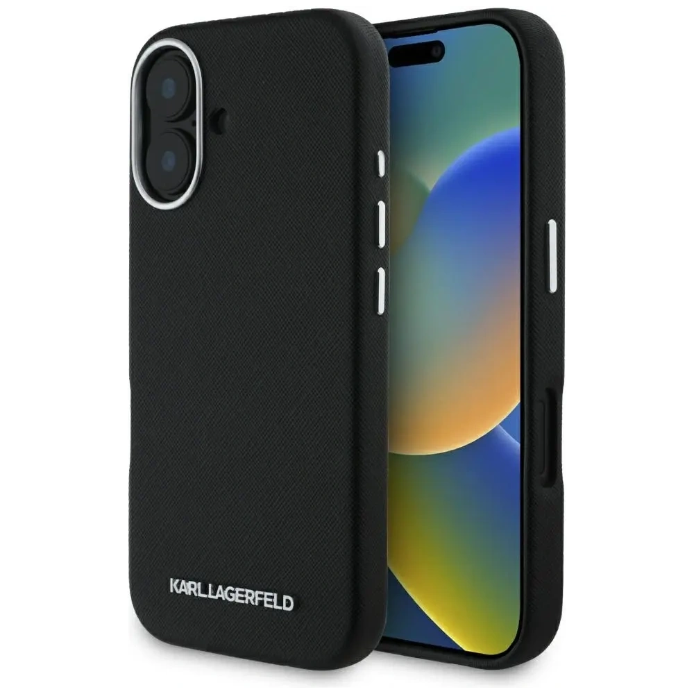 Etui Karl Lagerfeld Saffiano Full Wrapped Elongated Metal Logo MagSafe do Apple iPhone 16 czarny