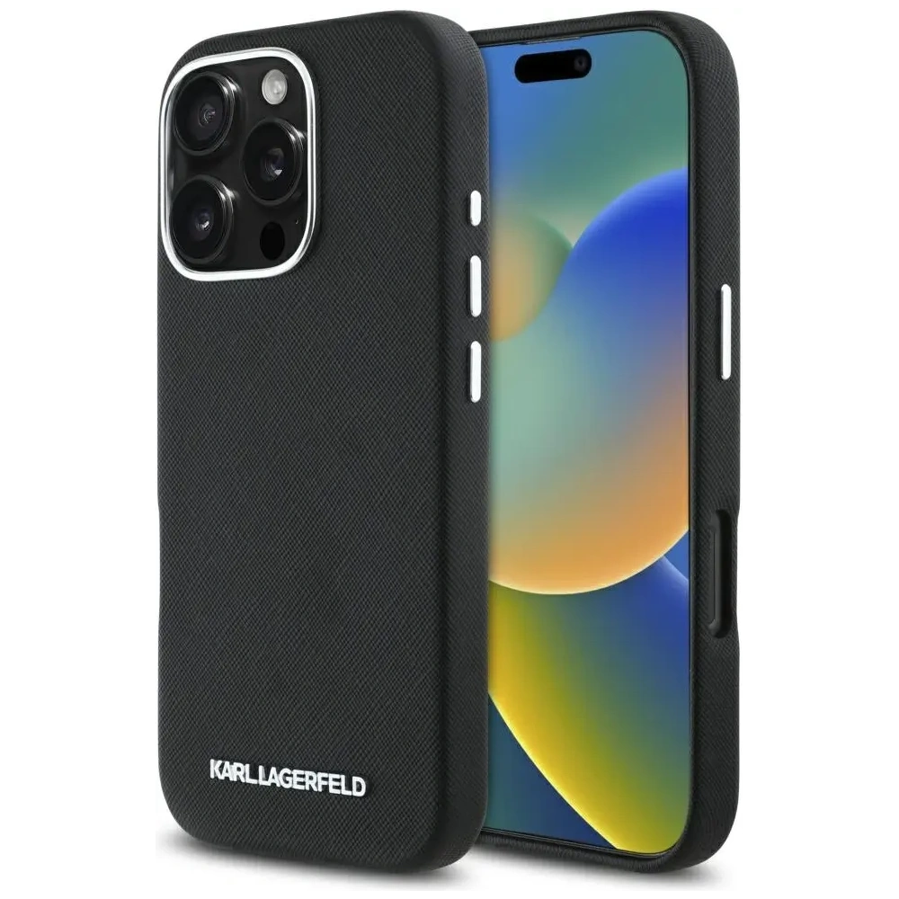 Etui Karl Lagerfeld Saffiano Full Wrapped Elongated Metal Logo MagSafe do Apple iPhone 16 Pro Max czarny