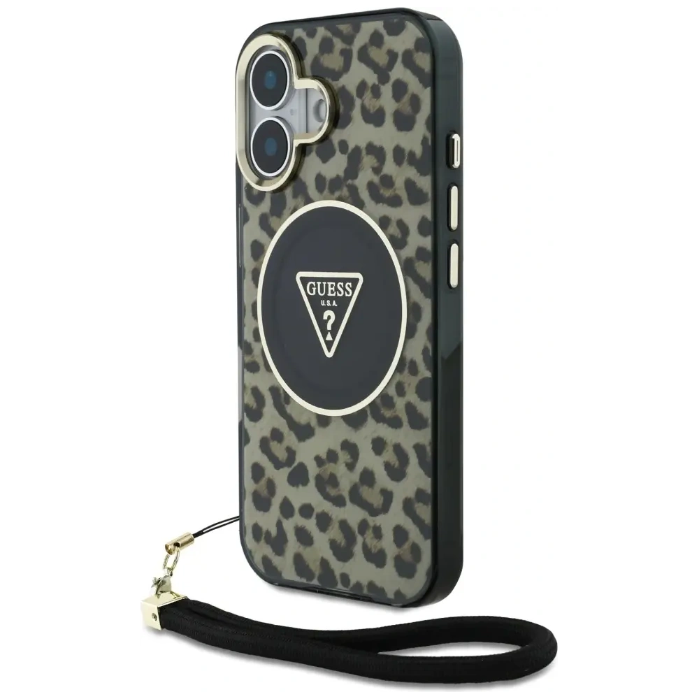 Etui Guess HC IML Leopard Triangle Cord Strap do Apple iPhone 16 MagSafe brązowy