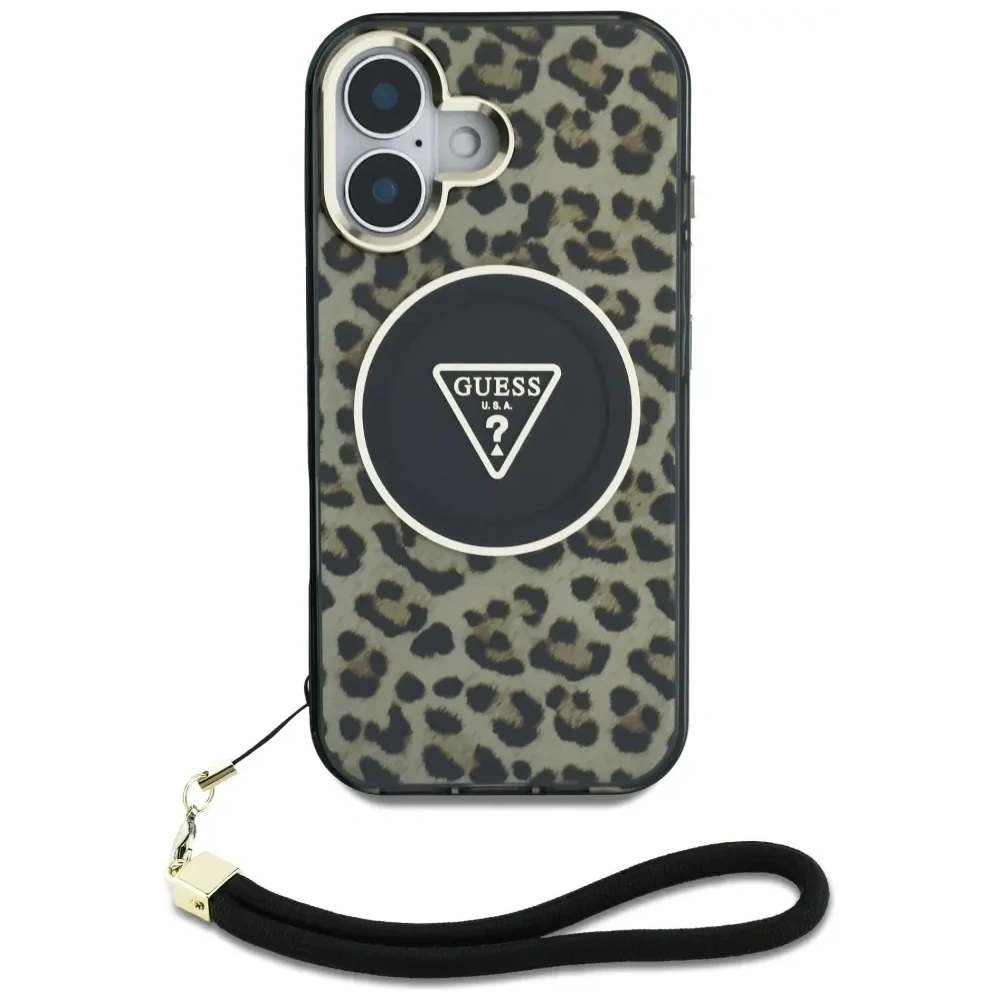 Etui Guess HC IML Leopard Triangle Cord Strap do Apple iPhone 16 MagSafe brązowy