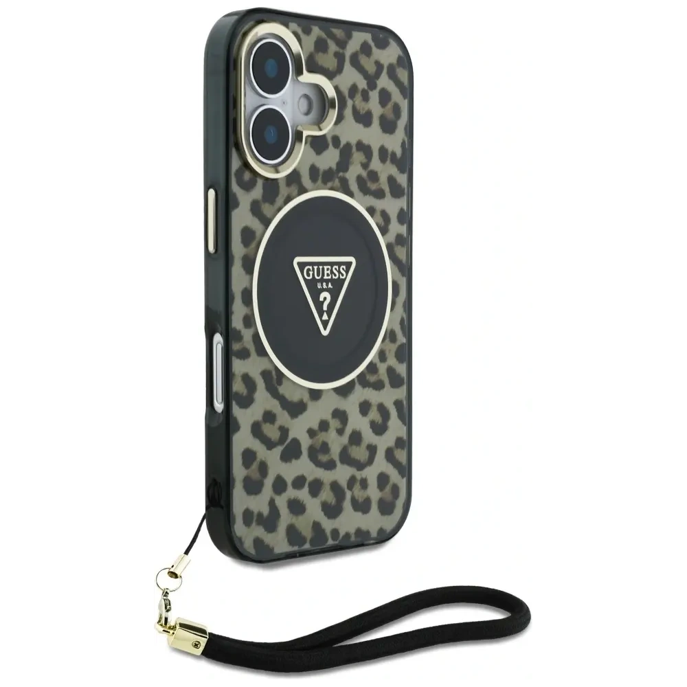 Etui Guess HC IML Leopard Triangle Cord Strap do Apple iPhone 16 MagSafe brązowy