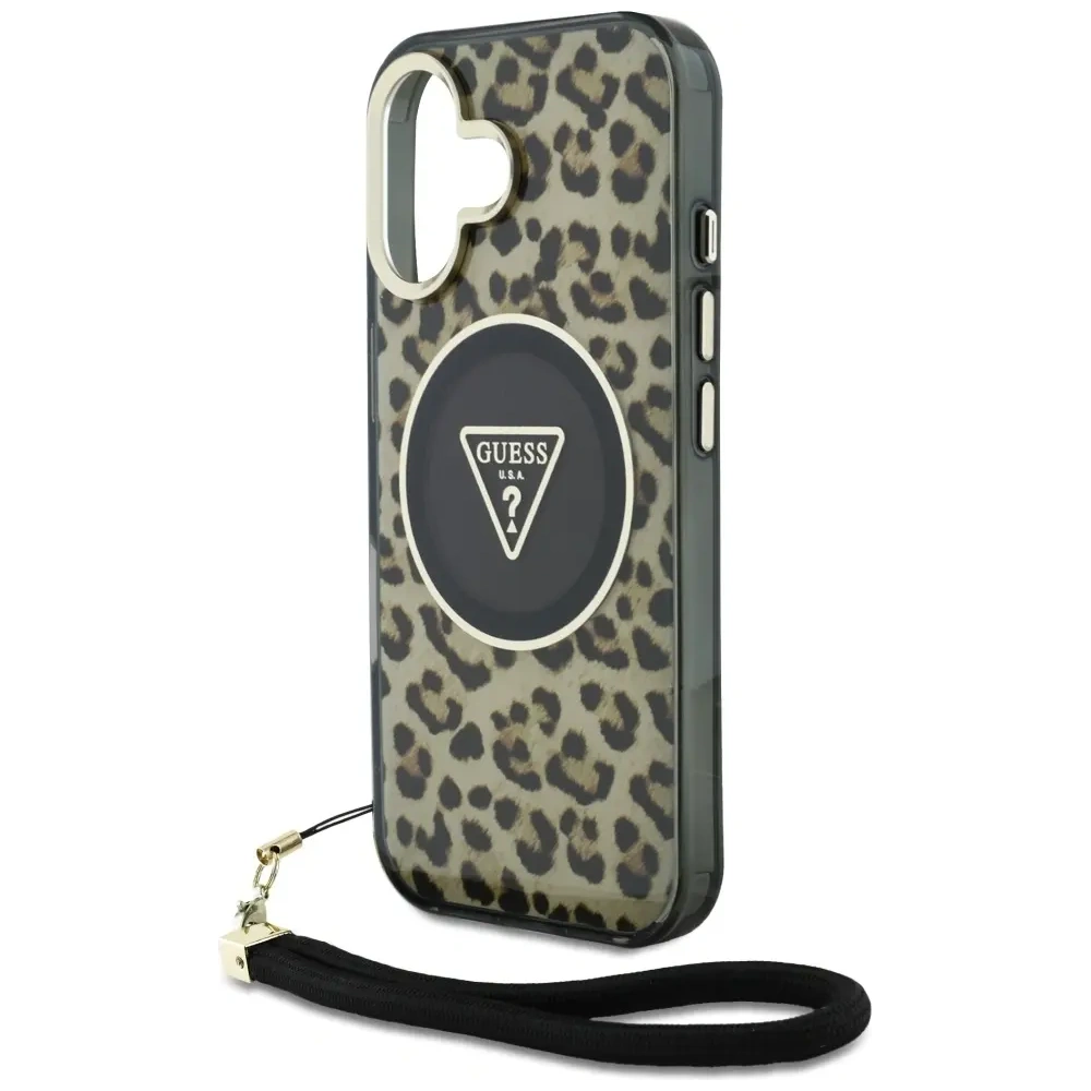 Etui Guess HC IML Leopard Triangle Cord Strap do Apple iPhone 16 MagSafe brązowy